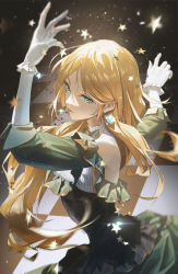 Rule 34 | 1girl, absurdres, arms up, blonde hair, closed mouth, dancing, dress, earrings, eyelashes, frills, gloves, green eyes, highres, jewelry, long hair, looking at viewer, motion blur, original, solo, sparkle, star (symbol), ttk (kirinottk), upper body, white gloves