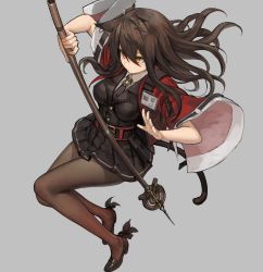 Rule 34 | 1girl, absurdres, animal ear fluff, animal ears, arknights, belt, black footwear, black jacket, black necktie, black pantyhose, black skirt, breasts, brown hair, buttons, cat ears, cat tail, closed mouth, collared shirt, commentary, cropped jacket, earrings, egk513, full body, grey background, hair between eyes, high heels, highres, jacket, jewelry, long hair, medium breasts, miniskirt, name tag, necktie, open clothes, open jacket, orange eyes, pantyhose, pleated skirt, red jacket, shirt, simple background, skirt, skyfire (arknights), solo, staff, striped necktie, striped neckwear, tail, uniform, vertical-striped clothes, vertical-striped necktie, vertical-striped neckwear, white shirt, wide sleeves, wing collar