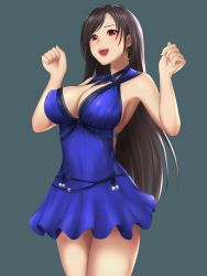 Rule 34 | 1girl, :d, black hair, blue background, blue dress, blush, breasts, cleavage, crescent, crescent earrings, crescent moon, dress, earrings, final fantasy, final fantasy vii, final fantasy vii remake, halter dress, halterneck, highres, hoop earrings, jewelry, kurone rinka, large breasts, long hair, looking at viewer, moon, open mouth, red eyes, sideboob, simple background, smile, solo, square enix, teeth, tifa lockhart, tifa lockhart (refined dress), upper teeth only, very long hair, wall market