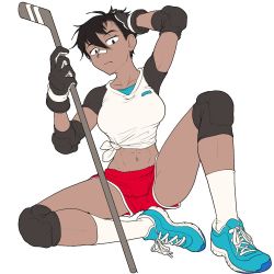 Rule 34 | 1girl, abs, bandaid, bandaid on face, bandaid on nose, black eyes, black hair, blue footwear, boro, breasts, closed mouth, cosmetics, dark-skinned female, dark skin, dolphin shorts, elbow pads, flat color, full body, gloves, gym shorts, hair between eyes, hand on own head, highres, hockey stick, holding, knee pads, kunio-kun series, looking at viewer, medium breasts, midriff, navel, red shorts, river city girls, shirt, shoes, short hair, short shorts, short sleeves, shorts, simple background, sitting, sneakers, socks, solo, tied shirt, unfinished, white background, yoko (kunio-kun)