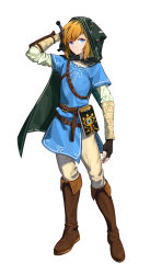 Rule 34 | 1boy, absurdres, arm at side, arm up, belt, belt buckle, blonde hair, blue eyes, boots, brown belt, brown footwear, buckle, closed mouth, commentary request, fingerless gloves, full body, gloves, hat, highres, holding, holding sword, holding weapon, hood, hood up, knee boots, legs apart, link, looking at viewer, male focus, nintendo, pants, pointy ears, short hair, simple background, solo, standing, sunagani (paradox 7), sword, the legend of zelda, the legend of zelda: breath of the wild, weapon, white background
