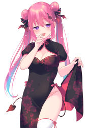 Rule 34 | 1girl, :d, black bow, black dress, blue hair, blush, bow, breasts, china dress, chinese clothes, cleavage, cleavage cutout, clothing cutout, commentary request, commission, copyright request, covered navel, demon tail, double bun, dress, fangs, floral print, fortissimo, gucchiann, hair between eyes, hair bow, hair bun, hair ornament, hand to own mouth, hands up, head tilt, highres, long hair, medium breasts, multicolored hair, musical note, musical note hair ornament, nail polish, open mouth, panties, pink hair, pink nails, pink panties, print dress, puffy short sleeves, puffy sleeves, purple eyes, short sleeves, simple background, skirt hold, smile, solo, streaked hair, striped, striped bow, tail, thighhighs, treble clef, twintails, underwear, very long hair, virtual youtuber, white background, white thighhighs