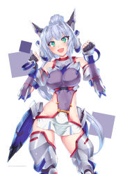 Rule 34 | 1girl, android, aqua eyes, blue hair, borrowed character, breasts, clenched hands, covered navel, hair bun, highleg, highres, i.takashi, large breasts, long hair, mecha musume, open mouth, original, single hair bun, skin tight, solo, very long hair, white background