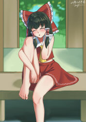 Rule 34 | 1girl, :o, absurdres, ascot, bare legs, bare shoulders, barefoot, blurry, blurry background, blush, bow, closed eyes, depth of field, feet, foot out of frame, frilled bow, frills, hair bow, hair tubes, hakurei reimu, hand up, highres, knee up, littiecy, long hair, open mouth, red bow, signature, sitting, skirt, solo, toes, touhou