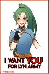 Rule 34 | + +, 1girl, bad id, bad twitter id, fingerless gloves, fire emblem, fire emblem: the blazing blade, gloves, green eyes, green hair, highres, kyou (ningiou), long hair, looking at viewer, lyn (fire emblem), nintendo, pointing, pointing at viewer, ponytail, simple background, smile, solo, white background