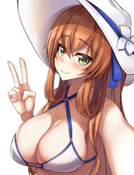Rule 34 | 1girl, airbo, blue ribbon, blush, breasts, cleavage, closed mouth, collarbone, girls&#039; frontline, green eyes, hair ornament, hair ribbon, hat, hat ribbon, highres, large breasts, long hair, looking at viewer, one-piece swimsuit, orange hair, ribbon, smile, solo, springfield (girls&#039; frontline), springfield (stirring mermaid) (girls&#039; frontline), swimsuit, upper body, v, white background, white hat, white one-piece swimsuit