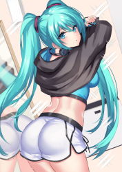 Rule 34 | 1girl, :o, aqua eyes, aqua hair, arms up, ass, breasts, cowboy shot, drawstring, dutch angle, from behind, full-length mirror, hatsune miku, headphones, headphones around neck, highres, hood, hood down, hoodie, indoors, inue ao, leaning forward, long hair, looking at viewer, looking back, midriff, mirror, nail polish, reflection, short shorts, shorts, skin tight, skindentation, sleeves past wrists, solo, sparkle, sports bra, sportswear, sweat, twintails, two-sided fabric, undressing, vocaloid, white shorts