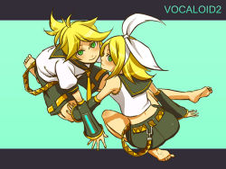 Rule 34 | 1boy, 1girl, barefoot, bow, brother and sister, detached sleeves, face, feet, from above, hair bow, kagamine len, kagamine rin, looking up, siblings, sitting, tamtam, twins, vocaloid, wariza