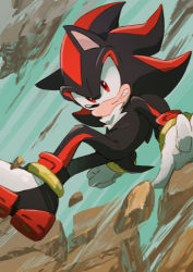 Rule 34 | 1boy, action, animal ears, animal nose, bad id, bad pixiv id, clenched teeth, furry, furry male, gloves, jewelry, male focus, msg01, red eyes, ring, rock, shadow the hedgehog, shoes, solo, sonic (series), teeth, white gloves