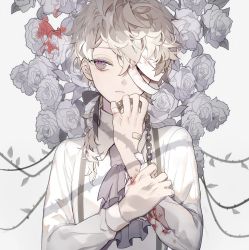 Rule 34 | 1boy, ascot, bandage over one eye, bandaid, bleeding, blood, blood on flower, chain, commentary, commentary request, flower, grey background, grey eyes, highres, injury, karo (karohroka), leaf, long hair, long sleeves, looking to the side, loose banadges, male focus, messy hair, original, plant, pocket watch, ponytail, rose, rose bush, shirt, simple background, solo, suspenders, thorns, torn sleeve, tsurime, upper body, vines, watch, white flower, white hair, white rose, white shirt, white theme
