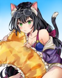 1girl akaneya-ya animal_ear_fluff animal_ears bad_id bad_pixiv_id bare_shoulders bikini bikini_top_only black_hair blue_background blue_bikini blush bow cat_ears cat_girl cat_tail closed_mouth cowboy_shot day eyewear_on_head gradient_background green_eyes hair_bow innertube karyl_(princess_connect!) karyl_(summer)_(princess_connect!) long_hair looking_at_viewer low-tied_long_hair multicolored_hair off_shoulder outdoors pout princess_connect! purple_bow short_shorts shorts sidelocks sitting sky solo streaked_hair sunglasses swim_ring swimsuit tail tearing_up