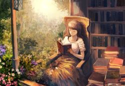 Rule 34 | 1girl, book, bookshelf, brown hair, casual, chair, flower, nature, open book, original, reading, short sleeves, sitting, solo, sunlight, tahra