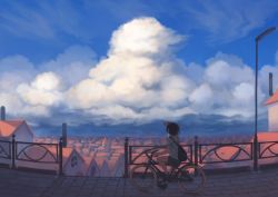 Rule 34 | 1girl, arms up, backpack, bag, bicycle, black hair, blue sky, brick, building, cloud, cloudy sky, day, hood, hooded jacket, house, jacket, kaneni, original, riding, scenery, shoes, shorts, sky, solo