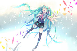 Rule 34 | 1girl, absurdres, aqua hair, bad id, bad pixiv id, boots, closed eyes, hand on own chest, hatsune miku, highres, long hair, music, outstretched arm, puuzaki puuna, reflection, singing, skirt, solo, thigh boots, thighhighs, twintails, very long hair, vocaloid