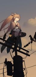Rule 34 | 1girl, bird, bow, bowtie, brown bow, brown bowtie, brown cloak, brown hair, brown thighhighs, cloak, closed mouth, feather hair ornament, feathers, fingerless gloves, from below, full body, gloves, hair between eyes, hair ornament, highres, hololive, hololive english, long hair, long sleeves, nanashi mumei, ponytail, power lines, puffy long sleeves, puffy sleeves, shirt, single thighhigh, solo, squatting, thighhighs, utility pole, v arms, very long hair, virtual youtuber, white shirt, yellow eyes, ysoroth