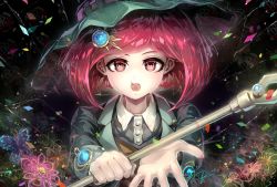 Rule 34 | 1girl, :o, black background, brown vest, bug, butterfly, collared shirt, danganronpa (series), danganronpa v3: killing harmony, dress shirt, flower, green hat, grey shirt, hair ornament, hat, highres, holding, holding staff, insect, jacket, long sleeves, looking at viewer, pink flower, red eyes, red hair, shirt, short hair, skirt, staff, vest, witch hat, youko-shima, yumeno himiko