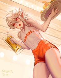 Rule 34 | 1boy, alcohol, bare arms, beer, bulge, corrin (fire emblem), corrin (male) (fire emblem), crossdressing, cup, dated, femboy hooters (meme), fire emblem, hair between eyes, holding, holding cup, holding tray, hooters, light brown hair, looking at viewer, male focus, meme, nintendo, open mouth, orange shorts, red eyes, samsara (shuukeura), shirt, short hair, short shorts, shorts, sleeveless, sleeveless shirt, solo, standing, trap, tray, uniform, white shirt
