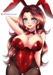 Rule 34 | animal ears, artist name, bare shoulders, black pantyhose, blue eyes, blush, bow, bowtie, breasts, brown hair, cameltoe, cleavage, collar, commentary, covered navel, donkey kong (1981 game), donkey kong (series), earrings, eyelashes, eyeshadow, highleg, highleg leotard, jewelry, large breasts, leotard, long hair, looking at viewer, makeup, mario (series), nintendo, pantyhose, pauline (mario), playboy bunny, purple eyeshadow, rabbit ears, red leotard, red lips, shiny clothes, shiny skin, sidelocks, skindentation, smile, strapless, strapless leotard, sugarbell, thigh gap, thighs, white background