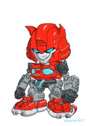 Rule 34 | autobot, blue eyes, chibi, clenched hands, cliffjumper, highres, horns, jeulove-sma11-white, mecha, no humans, redesign, robot, smirk, solo, standing, transformers, white background