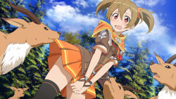 Rule 34 | 10s, 1girl, absurdres, black thighhighs, brown hair, cloud, day, deer, game cg, hair between eyes, hair ornament, highres, looking at viewer, open mouth, orange skirt, outdoors, pleated skirt, red eyes, short twintails, silica, skirt, sky, solo, sword art online, sword art online: hollow realization, thighhighs, twintails