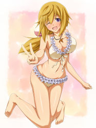 Rule 34 | 10s, 1girl, ;d, bare shoulders, barefoot, bikini, blonde hair, blush, body blush, bouncing breasts, breasts, charlotte dunois, cleavage, collarbone, feet, female focus, frilled bikini, frills, hair between eyes, head tilt, highres, hip focus, infinite stratos, jewelry, knees together feet apart, legs, long hair, long legs, looking at viewer, mei ichi, navel, necklace, one eye closed, open mouth, pendant, purple eyes, shiny skin, smile, solo, swimsuit, toes, v, wink