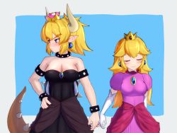 Rule 34 | 2girls, arm behind back, armlet, bare shoulders, black dress, black nails, blonde hair, blue background, blue eyes, blue gemstone, blush, bowsette, bracelet, breasts, cleavage, closed mouth, collar, collarbone, couple, crown, dress, earrings, elbow gloves, embarrassed, closed eyes, female focus, gem, gloves, hair flaps, hand on own hip, horns, interspecies, iwahana, jewelry, large breasts, long hair, looking away, mario (series), medium breasts, monster girl, multiple girls, nail polish, neck, new super mario bros. u deluxe, nintendo, pink dress, pointy ears, ponytail, princess peach, puffy short sleeves, puffy sleeves, red gemstone, shell, short hair, short ponytail, short sleeves, shy, side-by-side, smile, spiked armlet, spiked bracelet, spiked collar, spiked shell, spiked tail, spikes, strapless, strapless dress, super crown, sweatdrop, tail, white gloves, white horns, yuri