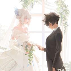 Rule 34 | 2girls, albino, bare shoulders, black vs white, bouquet, breasts, bridal gauntlets, bridal veil, dark-skinned female, dark skin, dress, elbow gloves, female focus, flower, formal, gloves, hair between eyes, hair flower, hair ornament, height difference, highres, holding, holding bouquet, interracial, large breasts, long sleeves, micchan (ohisashiburi), multiple girls, nacchan (ohisashiburi), necktie, ohisashiburi, original, shirt, short hair, smile, suit, tomboy, veil, wedding, wedding dress, white dress, white gloves, white hair, wife and wife, yuri