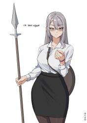 Rule 34 | 1girl, absurdres, black pantyhose, black skirt, collared shirt, commentary, english commentary, english text, formal, glasses, grey hair, hair between eyes, highres, holding, holding polearm, holding weapon, long hair, long sleeves, mawaridi, mole, mole under eye, office lady, orange eyes, original, pantyhose, polearm, shield, shirt, simple background, skirt, skirt suit, solo, spear, straight hair, suit, twitter username, weapon, white background, white shirt