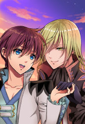 Rule 34 | 2boys, :d, asbel lhant, ascot, black ascot, blonde hair, blue eyes, closed mouth, cloud, cloudy sky, coat, gloves, hair over one eye, highres, holding hands, jacket, long sleeves, male focus, multiple boys, one eye covered, open clothes, open jacket, open mouth, purple gloves, purple sky, red hair, richard (tales), sky, smile, sunset, tales of (series), tales of graces, teeth, upper teeth only, usagi nagomu, white jacket, yellow eyes