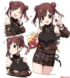 Rule 34 | 1girl, black sweater, blush stickers, breast hold, breasts, brown hair, brown jacket, candy, chain, chocolate, closed eyes, commentary request, cowboy shot, crossed arms, double bun, earrings, finger to cheek, food, hair bun, hair ornament, hairclip, heart, heart earrings, idolmaster, idolmaster shiny colors, jacket, jewelry, long sleeves, looking at viewer, looking away, medium breasts, medium hair, miniskirt, multiple views, nail polish, necklace, off shoulder, open mouth, partially unzipped, pink nails, plaid, plaid skirt, pout, red eyes, ribbed sweater, shisoneri, short twintails, simple background, skirt, sleeveless, sleeveless sweater, sleeveless turtleneck, smile, sonoda chiyoko, sweatdrop, sweater, thighs, turtleneck, turtleneck sweater, twintails, twitter username, white background, x hair ornament