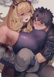 Rule 34 | 1boy, 1girl, artist name, bare shoulders, black dress, black footwear, black gloves, black hair, black jacket, black pantyhose, blonde hair, blood, blood on clothes, blue eyes, blush, bodysuit, boots, breasts, carrying, dress, elbow gloves, barghest (fate), barghest (second ascension) (fate), fate/grand order, fate (series), fujimaru ritsuka (male), fujimaru ritsuka (male) (polar chaldea uniform), gauntlets, gloves, green eyes, grey pants, hairband, heterochromia, highres, horns, huge breasts, injury, jacket, jewelry, kaita (mokamilkcup), knee boots, long hair, looking at viewer, looking to the side, necklace, open mouth, pants, pantyhose, pendant, princess carry, red eyes, shirt, short sleeves, sideboob, single gauntlet, spot color, thighs