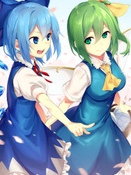 Rule 34 | 2girls, ascot, asutora, basket, blue bow, blue dress, blue eyes, blue hair, blue wings, bow, breasts, cherry blossoms, cirno, closed mouth, commentary request, daiyousei, dress, fairy wings, green eyes, green hair, hair between eyes, hair bow, highres, holding, ice, ice wings, medium breasts, multiple girls, one side up, open mouth, pointing, puffy short sleeves, puffy sleeves, red ribbon, ribbon, short sleeves, smile, touhou, wings, yellow ascot, yellow bow