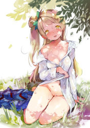 Rule 34 | 1girl, blush, bottomless, breasts, cleavage, grass, hair ribbon, hyocorou, large breasts, leaf, light brown hair, long hair, long sleeves, love live!, love live! school idol project, minami kotori, naked shirt, nose blush, off shoulder, one side up, open mouth, ribbon, shirt, sitting, solo, sweat, tree, white shirt, yellow eyes