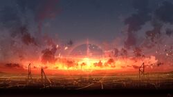 Rule 34 | chinese commentary, cityscape, cloud, commentary, highres, lens flare, no humans, original, outdoors, rune xiao, scenery, signature, sky, star (sky), starry sky, still life, sunset