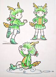 Rule 34 | 1girl, bow, chibi, dragon, dragon girl, dragon horns, dragon tail, eastern dragon, facing viewer, from behind, from side, full body, green footwear, green hair, green jacket, green skirt, hair bow, hands on own hips, horizontal-striped clothes, horns, jacket, long hair, looking at viewer, looking to the side, multiple views, original, pleated skirt, pointy ears, red bow, shirt, shoes, simple background, sitting, skirt, smile, sneakers, socks, standing, tail, traditional media, white background, white socks, whorled clouds, yellow shirt, zpihr6jprso2r2l
