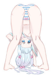 Rule 34 | 1girl, arm support, ass, bad id, bad pixiv id, barefoot, blouse, blue eyes, bow, bow panties, breasts, closed mouth, commentary request, eromanga sensei, eyebrows, from behind, full body, hair bow, hair ornament, highres, izumi sagiri, legs apart, long hair, looking at viewer, multicolored hair, navel, panties, shirt, short sleeves, silver hair, simple background, small breasts, smile, solo, striped clothes, striped panties, top-down bottom-up, tsuaaa, underwear, v, v over eye, white background, white shirt