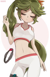 Rule 34 | alternate costume, breasts, closed eyes, head tilt, highres, joy-con, kid icarus, kid icarus uprising, large breasts, leaning to the side, long hair, midriff, navel, nintendo, onionsketch, open hands, palutena, pants, ponytail, ring fit adventure, solo, sports bra, thigh strap, very long hair, white pants, white sports bra, yoga pants