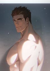Rule 34 | 1boy, bara, bare pectorals, bare shoulders, blue eyes, brown hair, closed mouth, from side, large pectorals, looking at viewer, male focus, mature male, muscular, muscular male, my eight, no shirt, original, pectorals, solo, topless male
