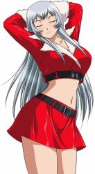 Rule 34 | 00s, 1girl, arms behind head, arms up, belt, breasts, chouun shiryuu, closed eyes, collarbone, cowboy shot, crop top, ikkitousen, large breasts, long hair, midriff, navel, red shirt, red skirt, santa costume, shirt, simple background, skirt, smile, solo, white background, white hair