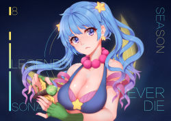 Rule 34 | 1girl, arcade sona, blue hair, breasts, character name, cleavage, closed mouth, earrings, fingerless gloves, gloves, green gloves, hair ornament, hanami dango (zzldango), highres, jewelry, league of legends, long hair, looking at viewer, medium breasts, nail polish, necklace, purple eyes, solo, sona (league of legends), star (symbol), star earrings, star hair ornament, twintails, upper body