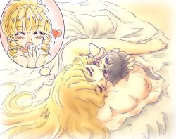 Rule 34 | 00s, 1girl, bed, character doll, chunpai, dreaming, eating, closed eyes, heart, long hair, lying, on side, open mouth, pacifica casull, pillow, scrapped princess, shannon casull, sleeping, under covers