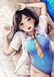 Rule 34 | 1girl, arms up, black hair, blue one-piece swimsuit, blush, breasts, brown eyes, brown necktie, highres, long hair, looking at viewer, lying, medium breasts, necktie, neko neko koneko, on back, one-piece swimsuit, open mouth, original, pool, see-through, solo, swimsuit, water, wet, wristband