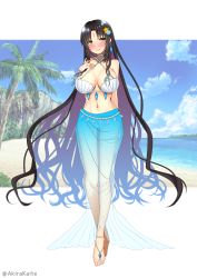Rule 34 | 1girl, akira kaite, arm behind back, bare shoulders, beach, bikini, black hair, blush, breasts, cleavage, cloud, collarbone, day, facial mark, fate/grand order, fate (series), forehead mark, full body, highres, large breasts, lips, long hair, looking at viewer, navel, ocean, palm tree, parted bangs, partially visible vulva, sand, see-through, sessyoin kiara, shell, shell bikini, sky, smile, solo, swimsuit, tagme, tree, twitter username, very long hair, yellow eyes