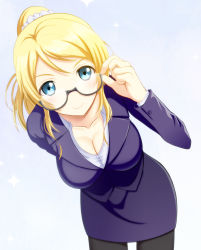Rule 34 | 10s, 1girl, ayase eli, bespectacled, blonde hair, blue eyes, breasts, cleavage, glasses, gradient background, hati (19870119hy), highres, large breasts, looking at viewer, looking over eyewear, love live!, love live! school idol festival, love live! school idol project, ponytail, smile, solo