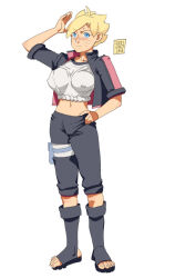 Rule 34 | 1girl, 2021, ac120, black footwear, black jacket, black pants, blonde hair, blue eyes, blush, boruto: naruto next generations, breasts, closed mouth, collarbone, collared jacket, covered erect nipples, dated, facial mark, full body, genderswap, genderswap (mtf), hand on own hip, holster, jacket, large breasts, looking at viewer, midriff, naruto (series), navel, open clothes, open jacket, pants, sandals, shirt, short hair, simple background, standing, sweat, thigh holster, thigh strap, toes, uzumaki boruto, whisker markings, white background, white shirt