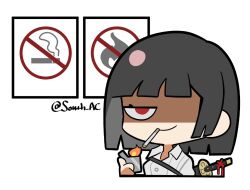Rule 34 | 1girl, black hair, cigarette, collared shirt, holding, holding lighter, katana, lighter, limbus company, looking at viewer, project moon, red eyes, ryoshu (project moon), shaded face, shirt, short hair, sign, simple background, smile, solo, south ac, sword, upper body, weapon, white background, white shirt