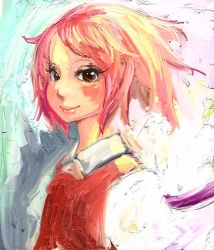 Rule 34 | 1girl, binayu, blonde hair, blush, closed mouth, collared shirt, female focus, gradient hair, looking at viewer, multicolored hair, mystia lorelei, no headwear, pink hair, portrait, red hair, red lips, red vest, shirt, short hair, smile, solo, touhou, upper body, uppercut, vest, white shirt, wing collar