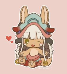 Rule 34 | 1other, :3, animal ears, artist name, blush, furry, heart, helmet, kawasemi27, looking at viewer, made in abyss, nanachi (made in abyss), one eye closed, open mouth, pink background, simple background, sitting, smile, tail, twitter username, whiskers