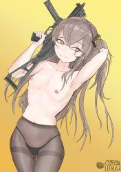Rule 34 | 1girl, arm behind head, armpits, arms up, artist name, breasts, brown eyes, brown hair, cerealxs, closed mouth, collarbone, cowboy shot, female focus, girls&#039; frontline, gun, hair ornament, highleg, highleg panties, highres, holding, holding gun, holding weapon, long hair, looking at viewer, navel, nipples, panties, scar, scar across eye, small breasts, smile, solo, standing, thigh gap, thighs, topless, ump45 (girls&#039; frontline), underwear, weapon, yellow background