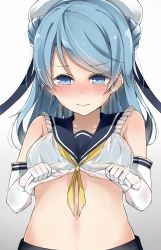 Rule 34 | 10s, 1girl, bad id, bad pixiv id, blue hair, blush, bra, breasts, clothes lift, cole (coleltu), kantai collection, lifting own clothes, midriff, navel, see-through, shirt lift, solo, underwear, urakaze (kancolle)